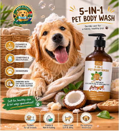 Pet body wash product for dogs with a smiling dog, coconut, and shea butter on a wooden surface.