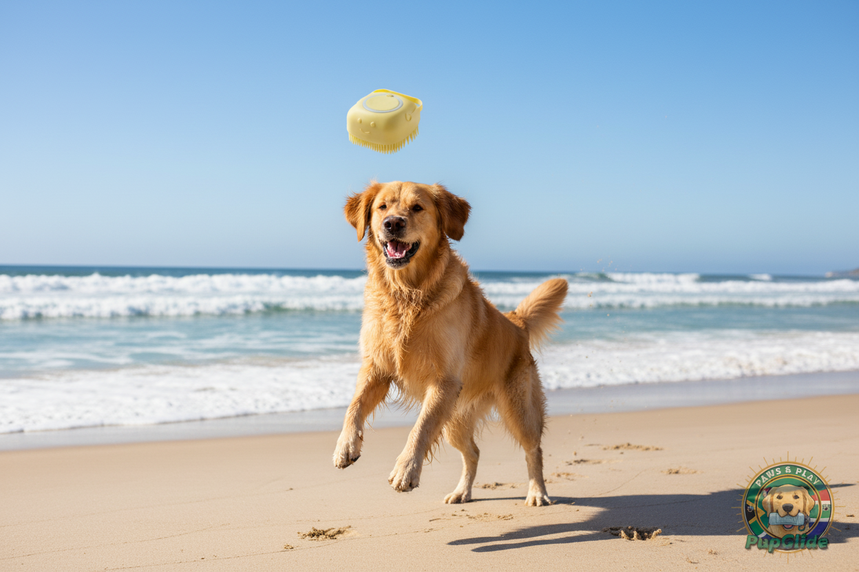 Golden Retriever Beach Jump with PupGlide Brush