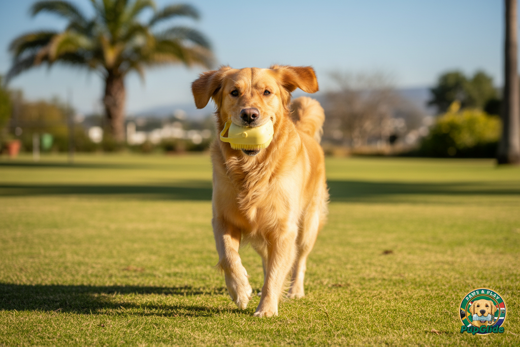 Golden Retriever Running with PupGlide Brush