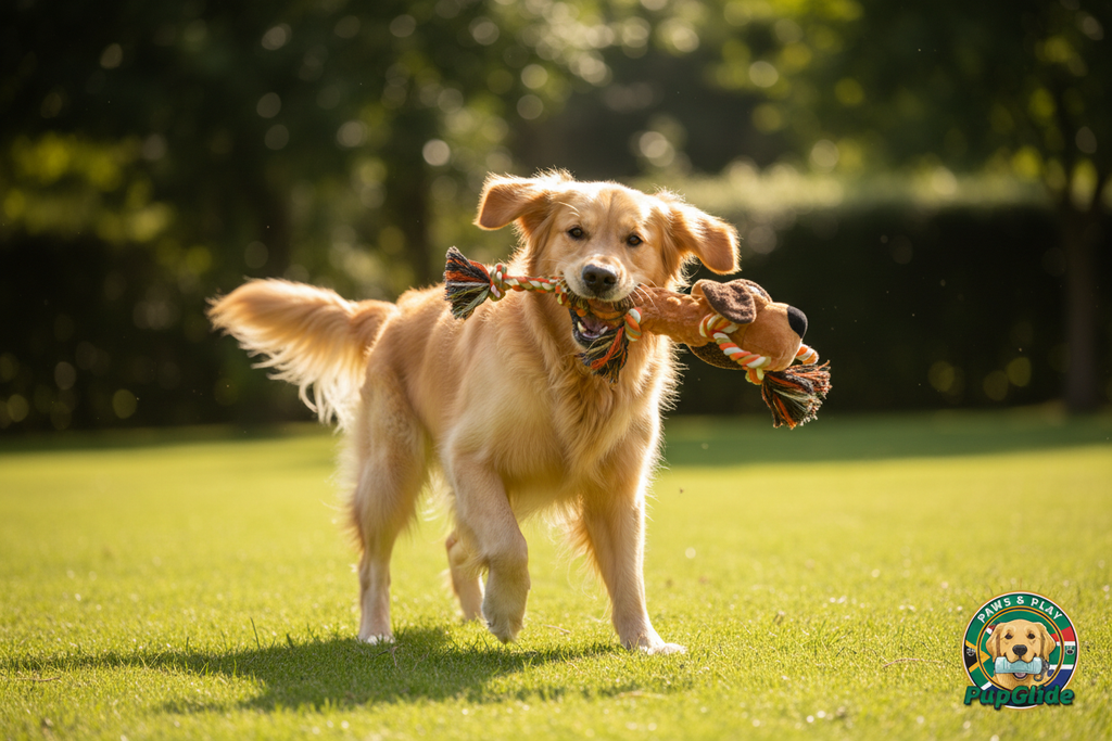 Golden retriever playing with PupGlide Furry Pal Rope Toy outdoors