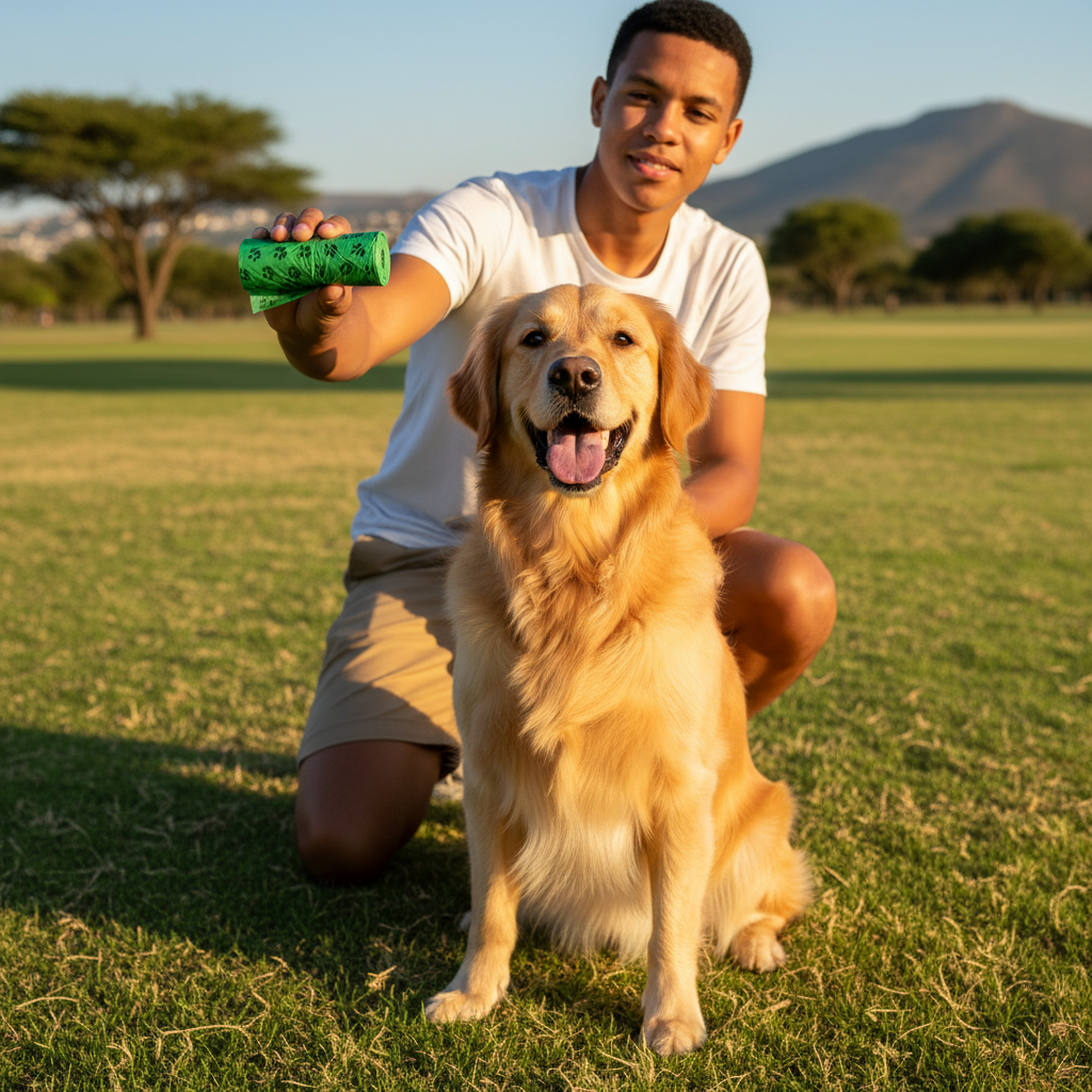 Golden retriever dog with PupGlide poop bags outdoors