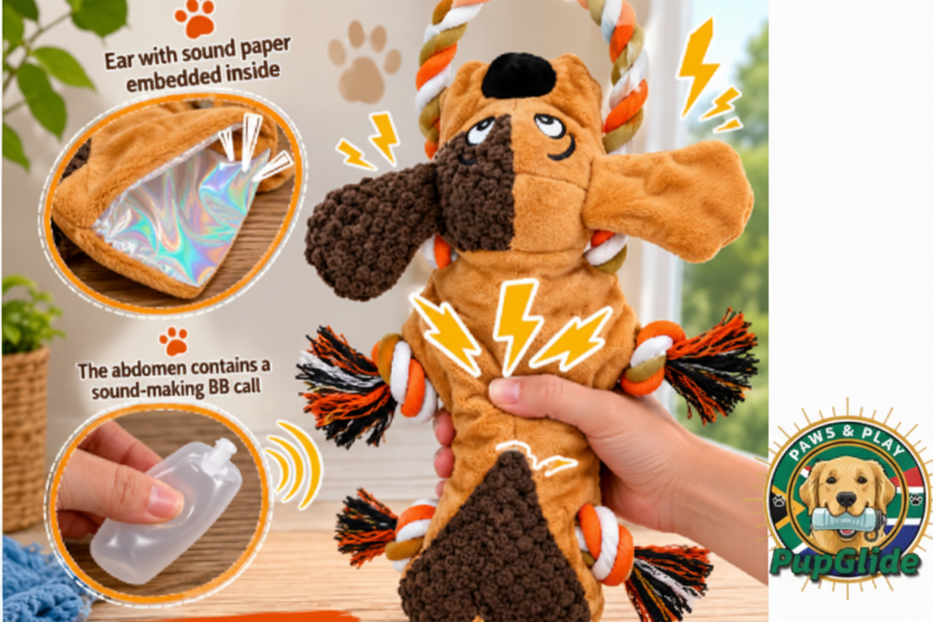 PupGlide Furry Pal – Features: crinkle ear, BB squeaker, tug rope