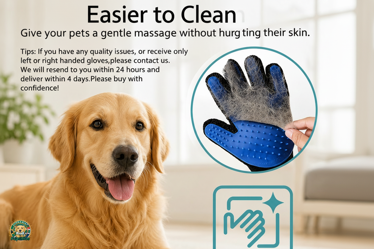 Grooming glove easy clean feature with golden retriever